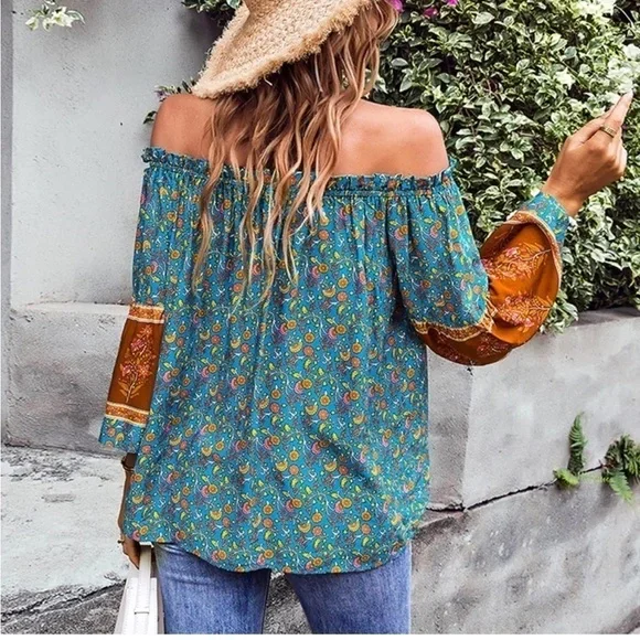 Women's Off The Shoulder Tassel Tie Bohemian Blouse Size Large NWOT - Picture 3 of 11